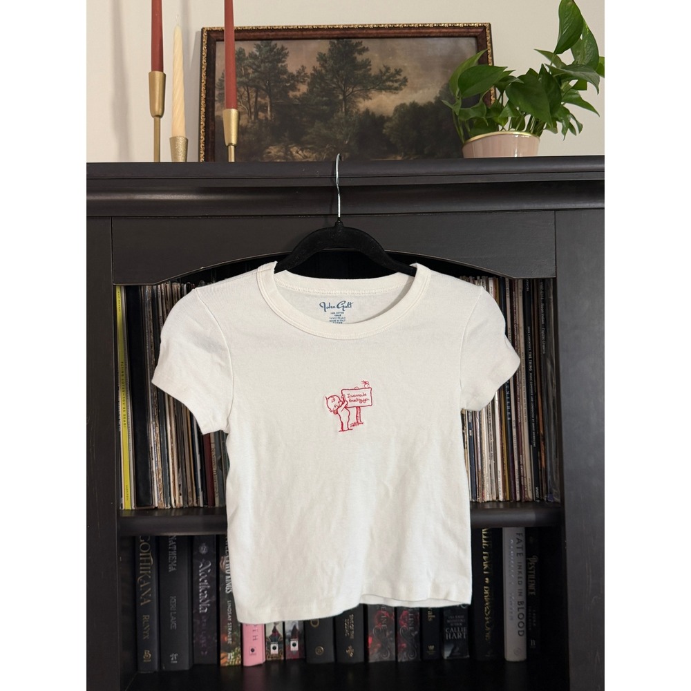 John Galt Baby Tee OS White I Wanna Be Loved By You Graphic Ribbed Short Sleeve